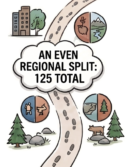 An even regional split:125 total
